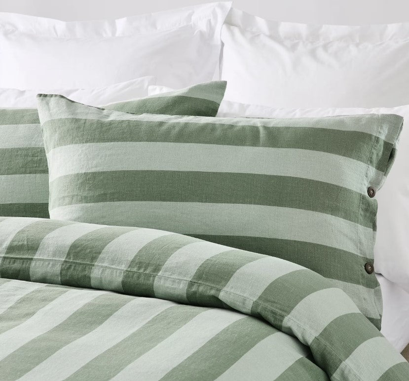 Green Stripe Linen Cotton Blend Coconut Button Feature Quilt Cover Set QUEEN NEW