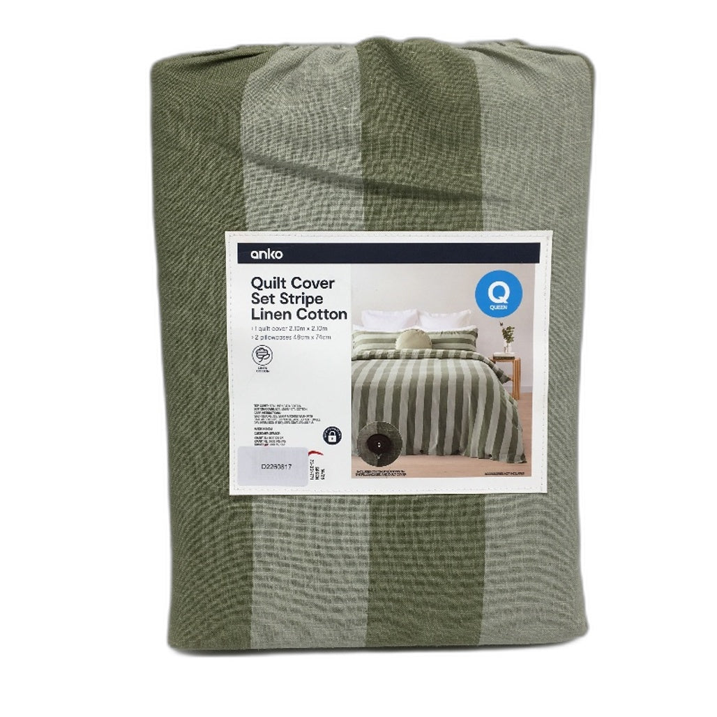 Green Stripe Linen Cotton Blend Coconut Button Feature Quilt Cover Set QUEEN NEW