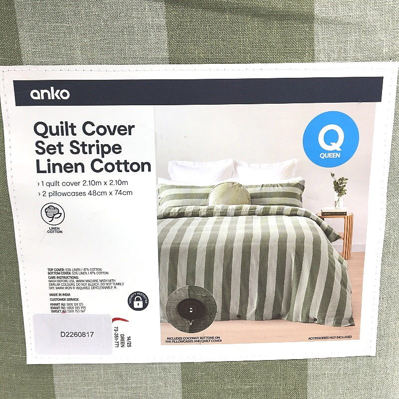 Green Stripe Linen Cotton Blend Coconut Button Feature Quilt Cover Set QUEEN NEW