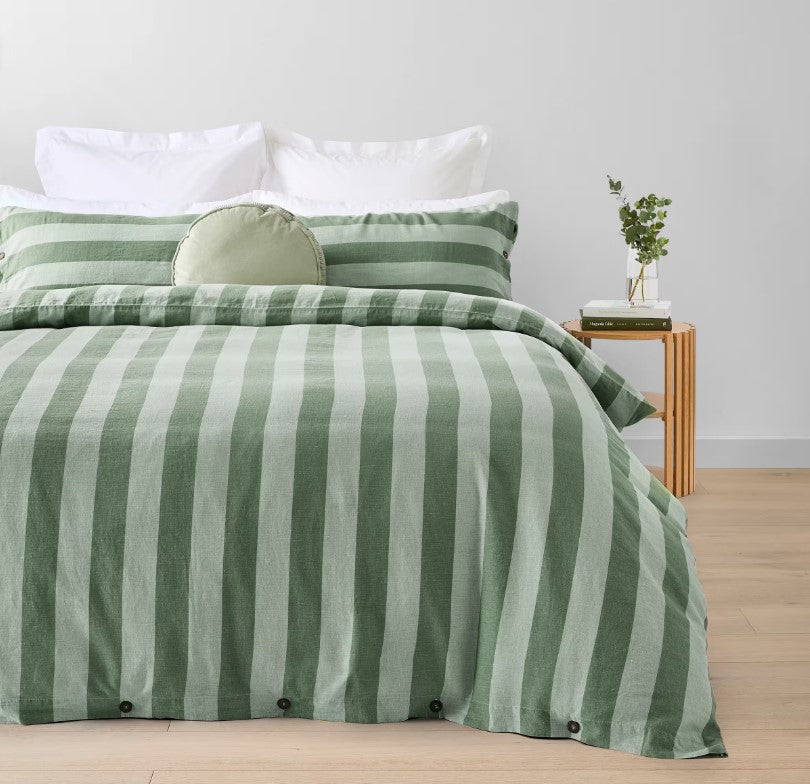 Green Stripe Linen Cotton Blend Coconut Button Feature Quilt Cover Set KING NEW