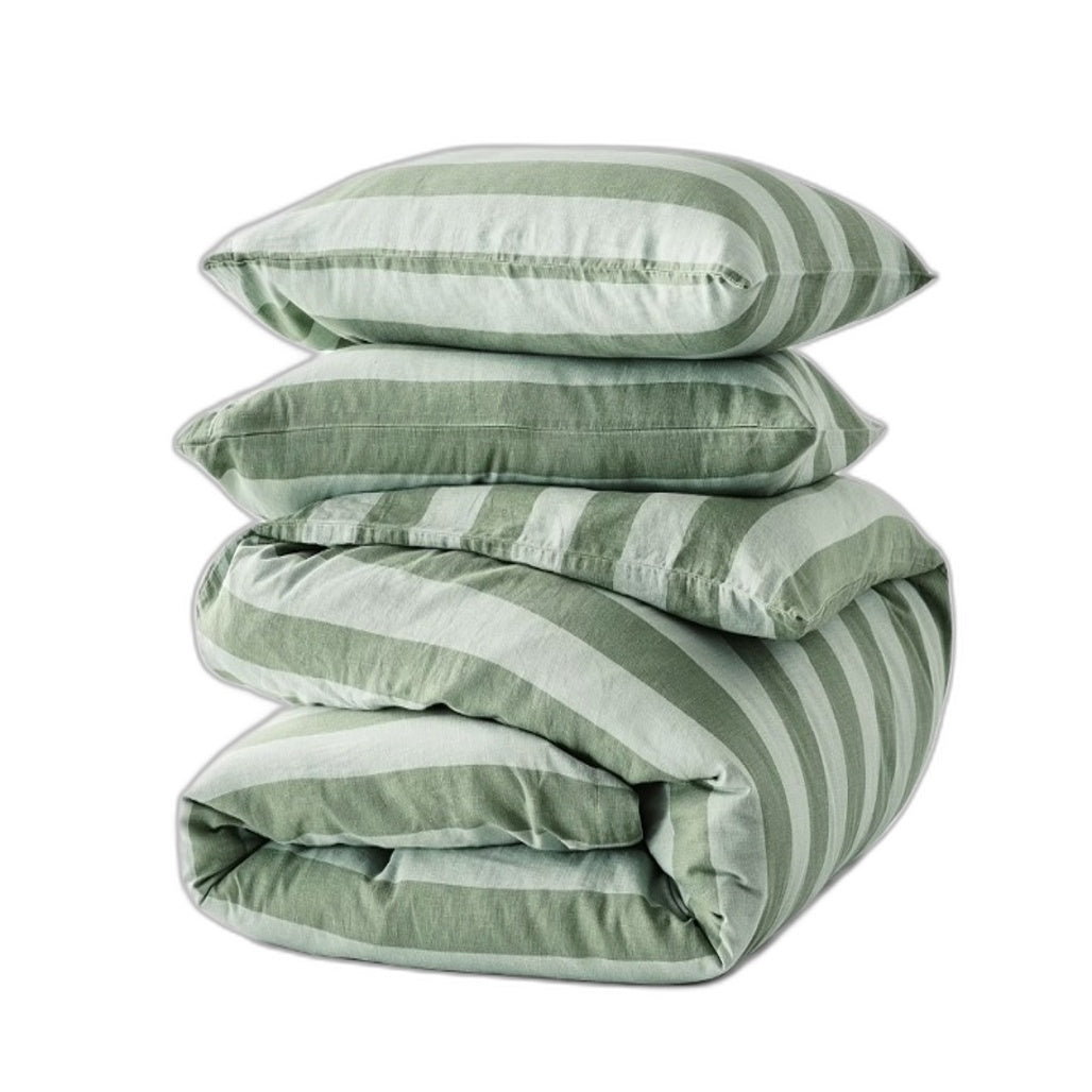 Green Stripe Linen Cotton Blend Coconut Button Feature Quilt Cover Set KING NEW