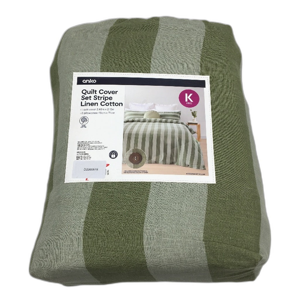 Green Stripe Linen Cotton Blend Coconut Button Feature Quilt Cover Set KING NEW