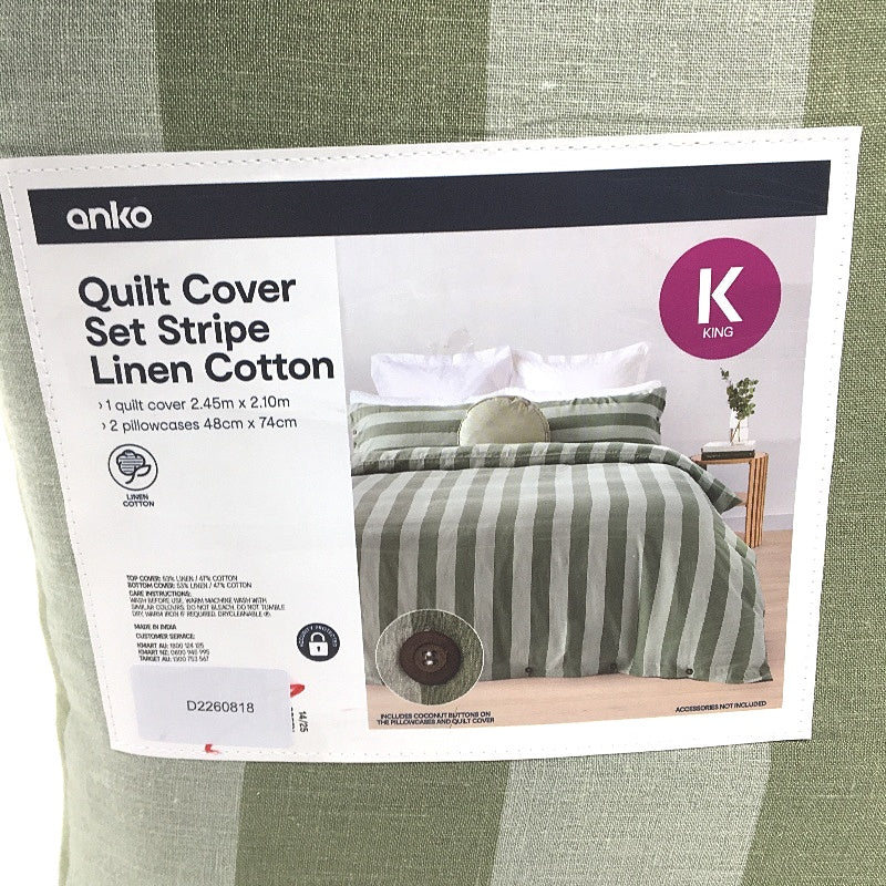 Green Stripe Linen Cotton Blend Coconut Button Feature Quilt Cover Set KING NEW