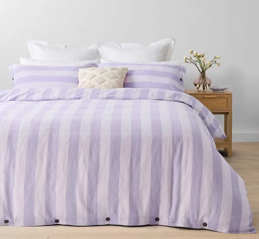 Lilac Stripe Linen Cotton Blend Coconut Button Feature Quilt Cover Set QUEEN NEW