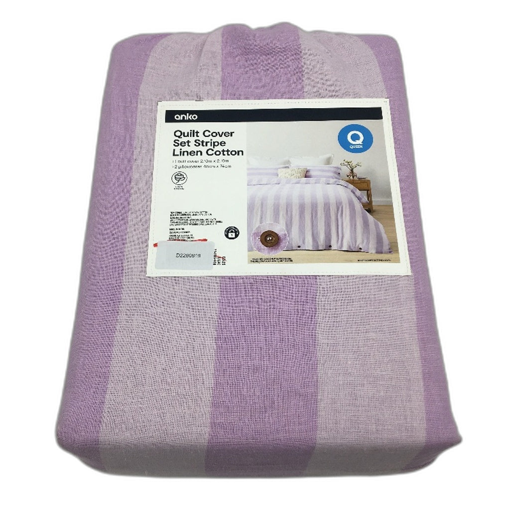 Lilac Stripe Linen Cotton Blend Coconut Button Feature Quilt Cover Set QUEEN NEW