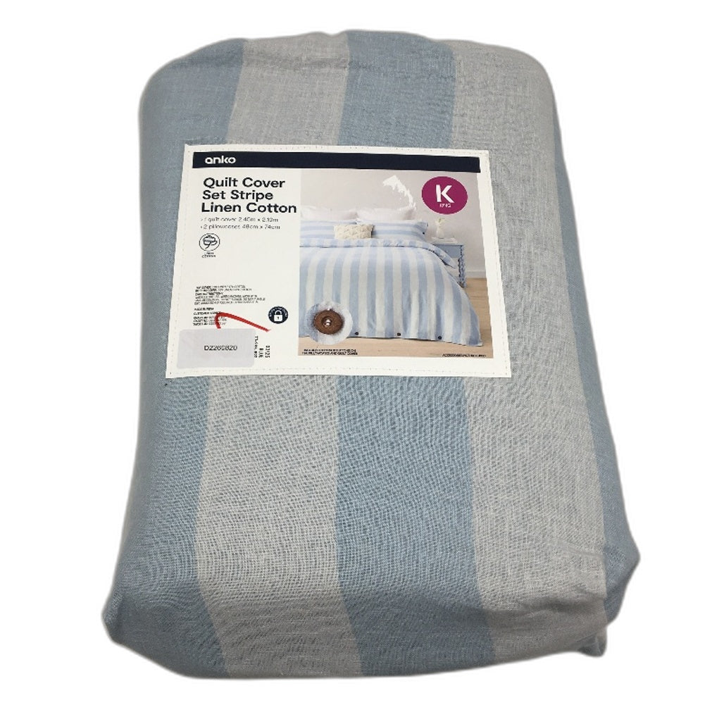 Blue Stripe Linen Cotton Blend Coconut Button Feature Quilt Cover Set KING NEW