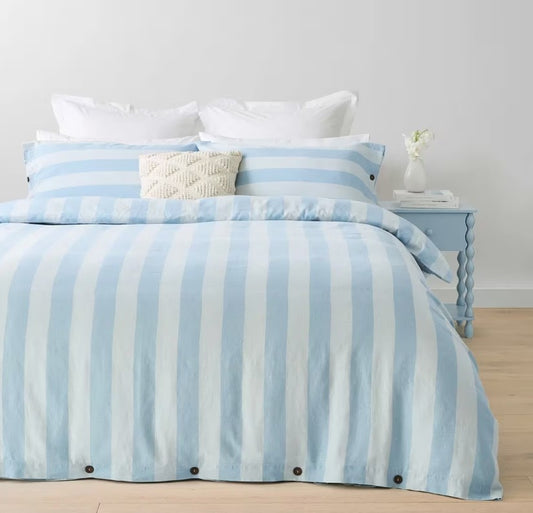 Blue Stripe Linen Cotton Blend Coconut Button Feature Quilt Cover Set QUEEN NEW