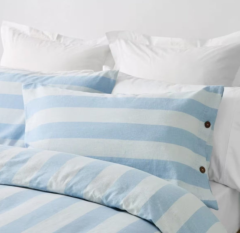 Blue Stripe Linen Cotton Blend Coconut Button Feature Quilt Cover Set QUEEN NEW