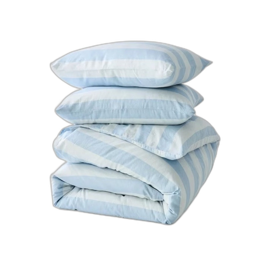 Blue Stripe Linen Cotton Blend Coconut Button Feature Quilt Cover Set QUEEN NEW
