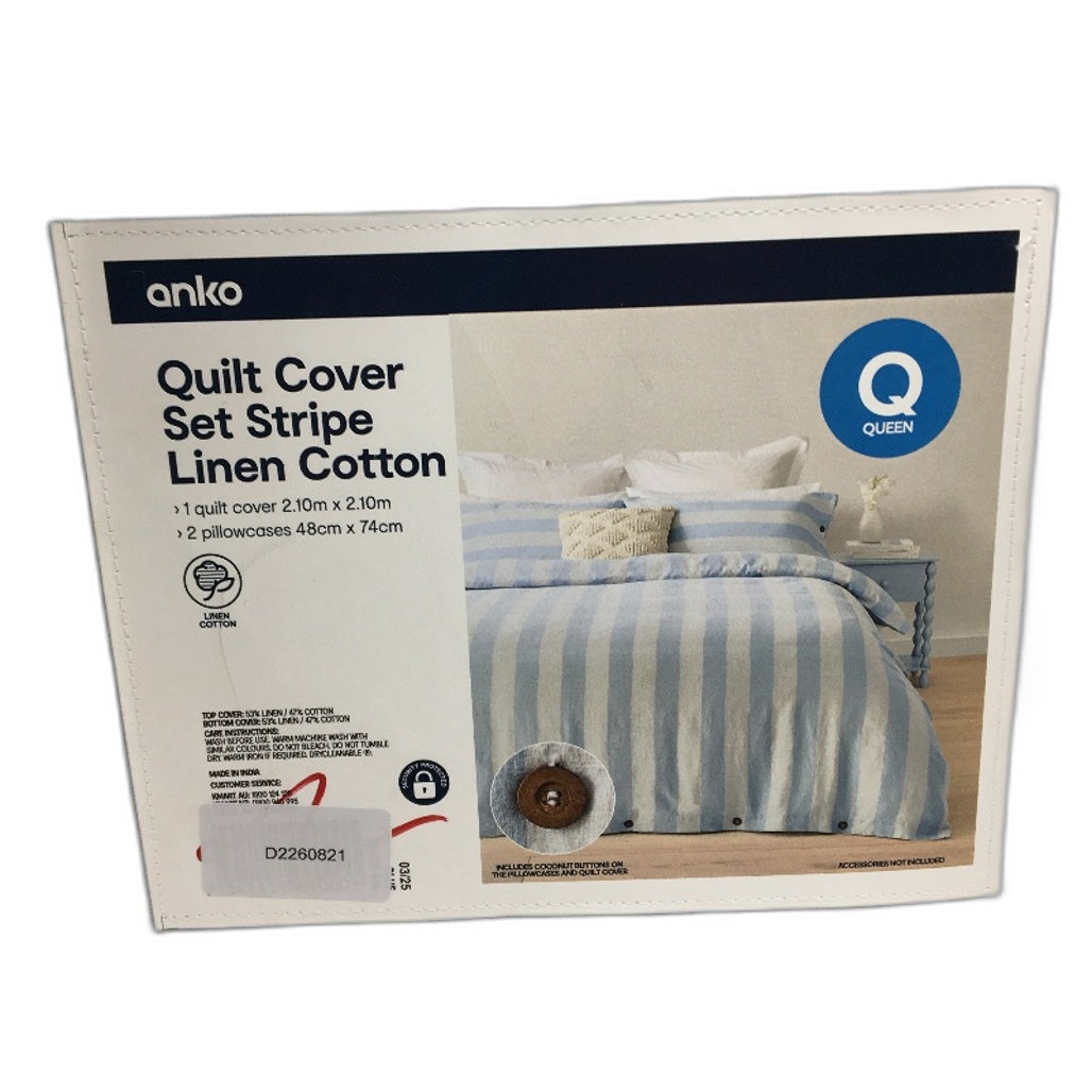 Blue Stripe Linen Cotton Blend Coconut Button Feature Quilt Cover Set QUEEN NEW
