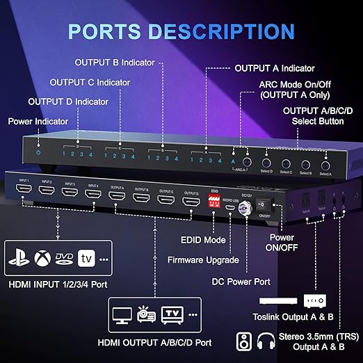 Portta 4x4 4K HDR 60Hz 18Gbps Matrix HDMI Switch Splitter NEW