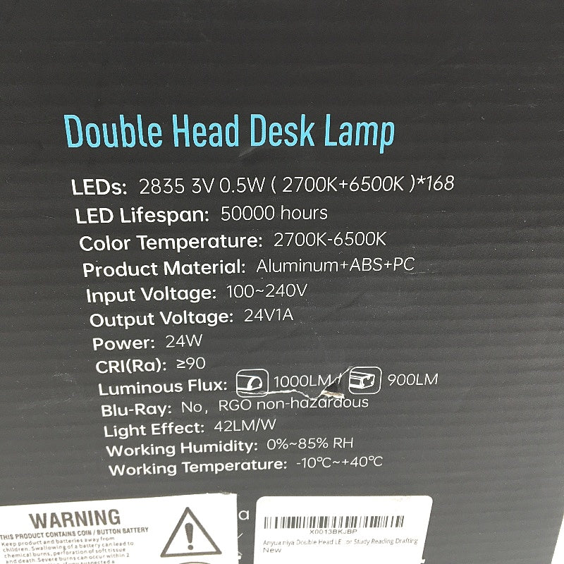2700K-6500K 1000LMH 24W 50k Hour Length Double Head Desk Lamp in Black DEMO