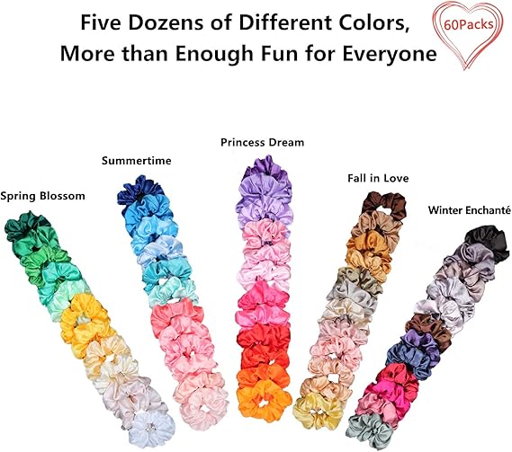 BeeVines 60 Colours Pack Satin Silky Hair Tie Scrunchies Girl Accessories NEW