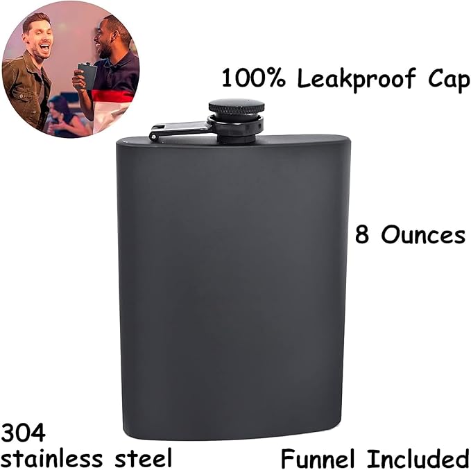 Pack Of 2 Stainless Steel 8OZ Hip Flask For Liquor Black Matte With Funnel NEW