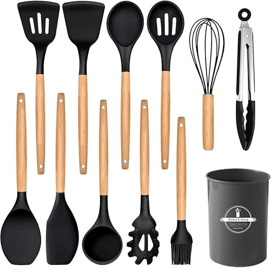 Kitchen Utensils 12PCS Set Silicone Heat Resistant Cookware Wooden Handles NEW