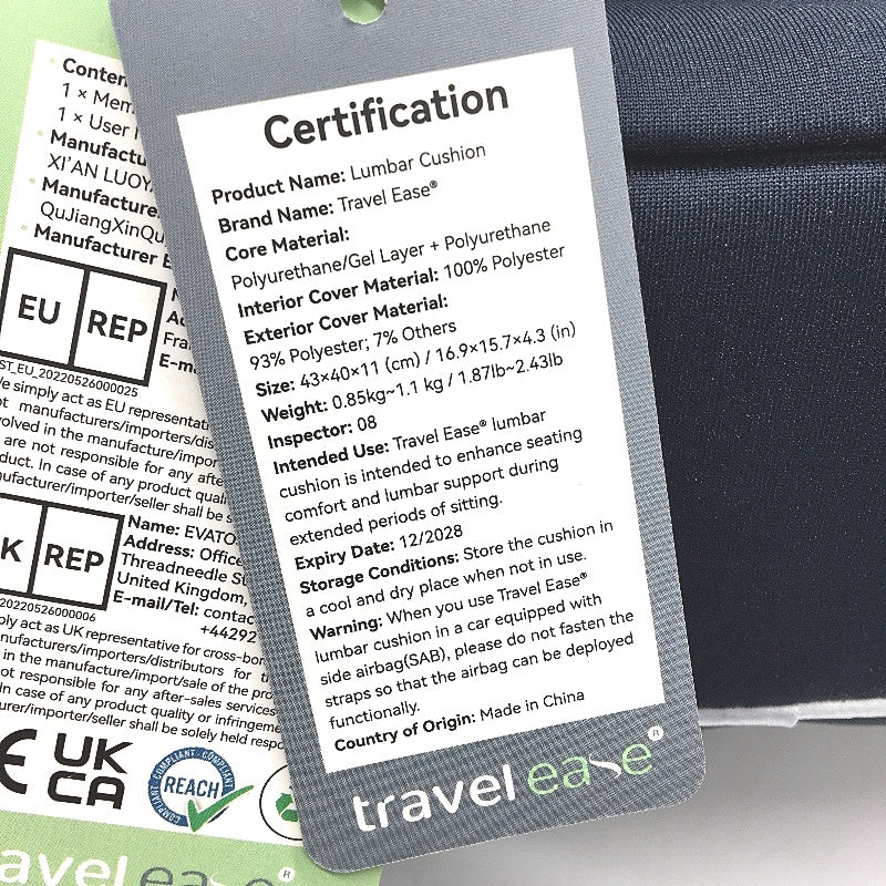 Travel Ease Ergonomic Lumbar Back Support Memory Foam Seat Cushion W Straps NEW