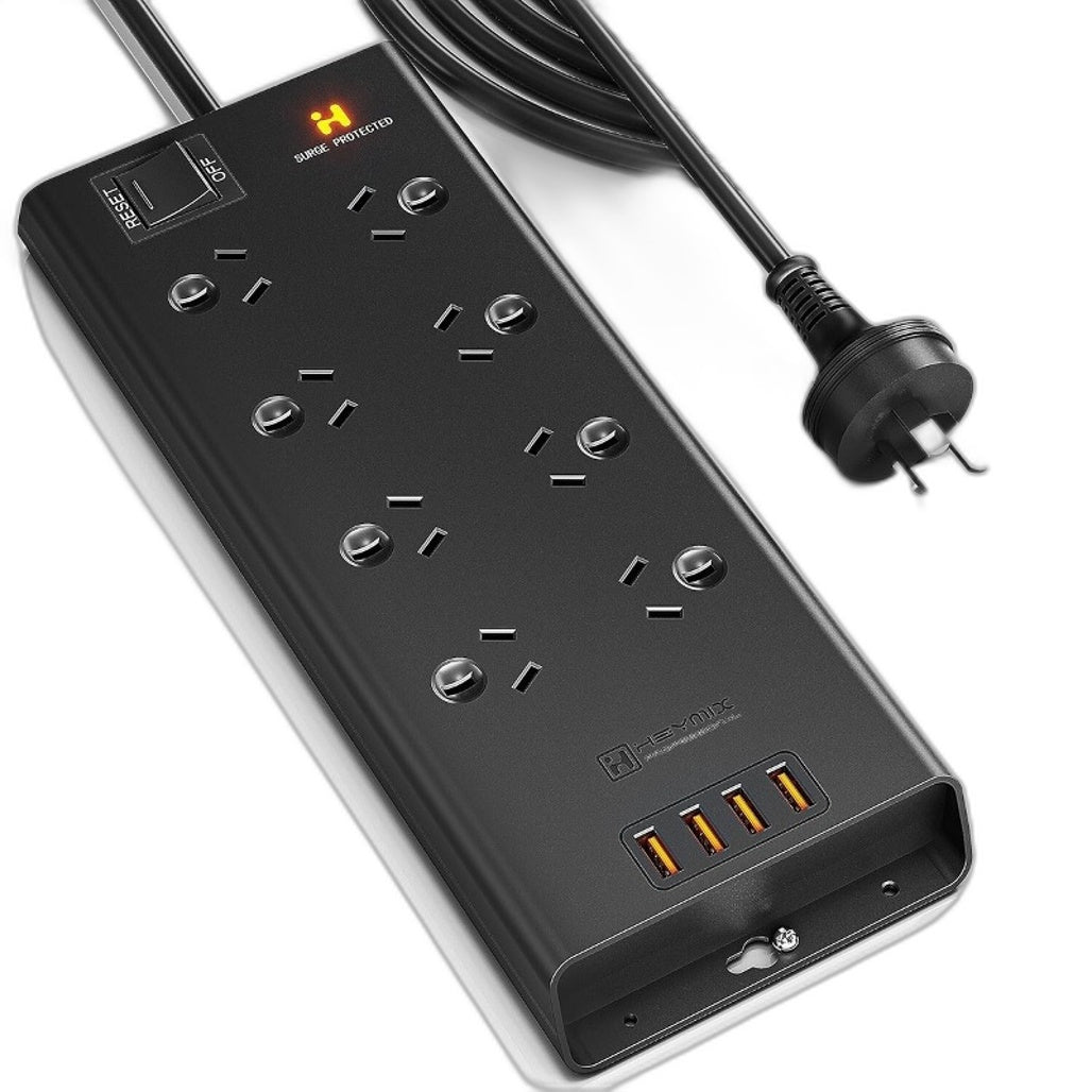HEYMIX 8 AC Outlet and 4 USB Port Power Strip with Surge Protector in Black NEW