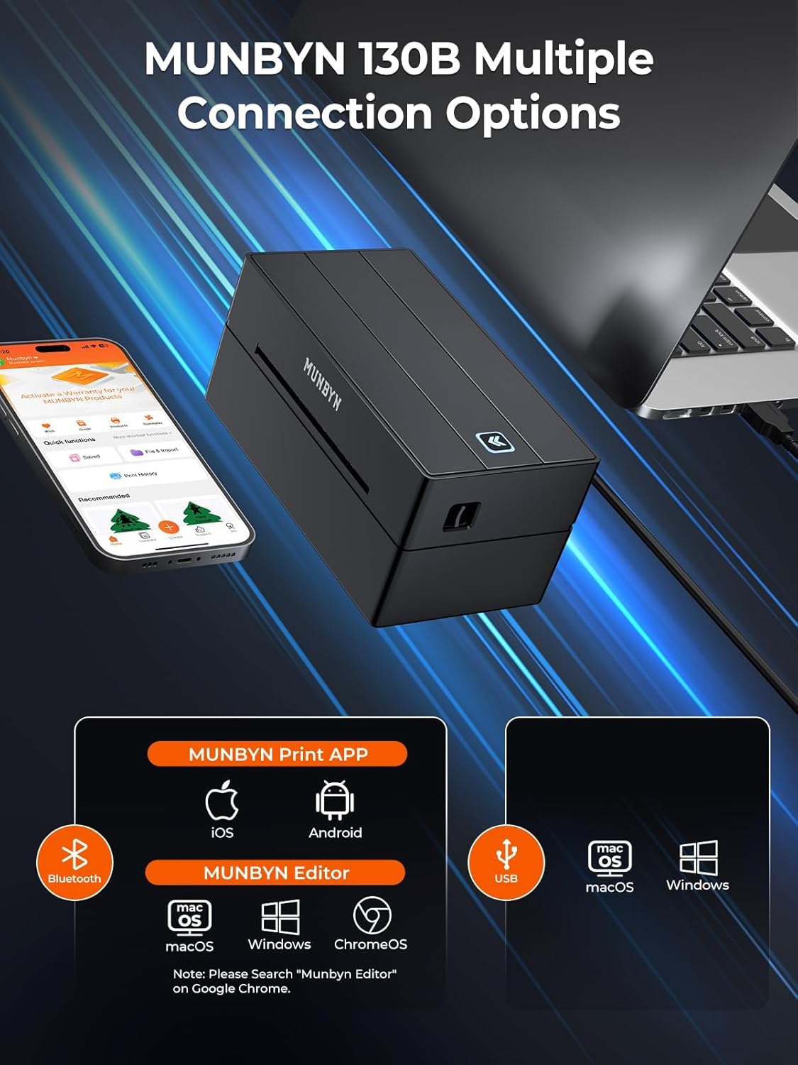 Munbyn 130B 203dpi Bluetooth & USB Direct Thermal Label Printer in Black DEMO