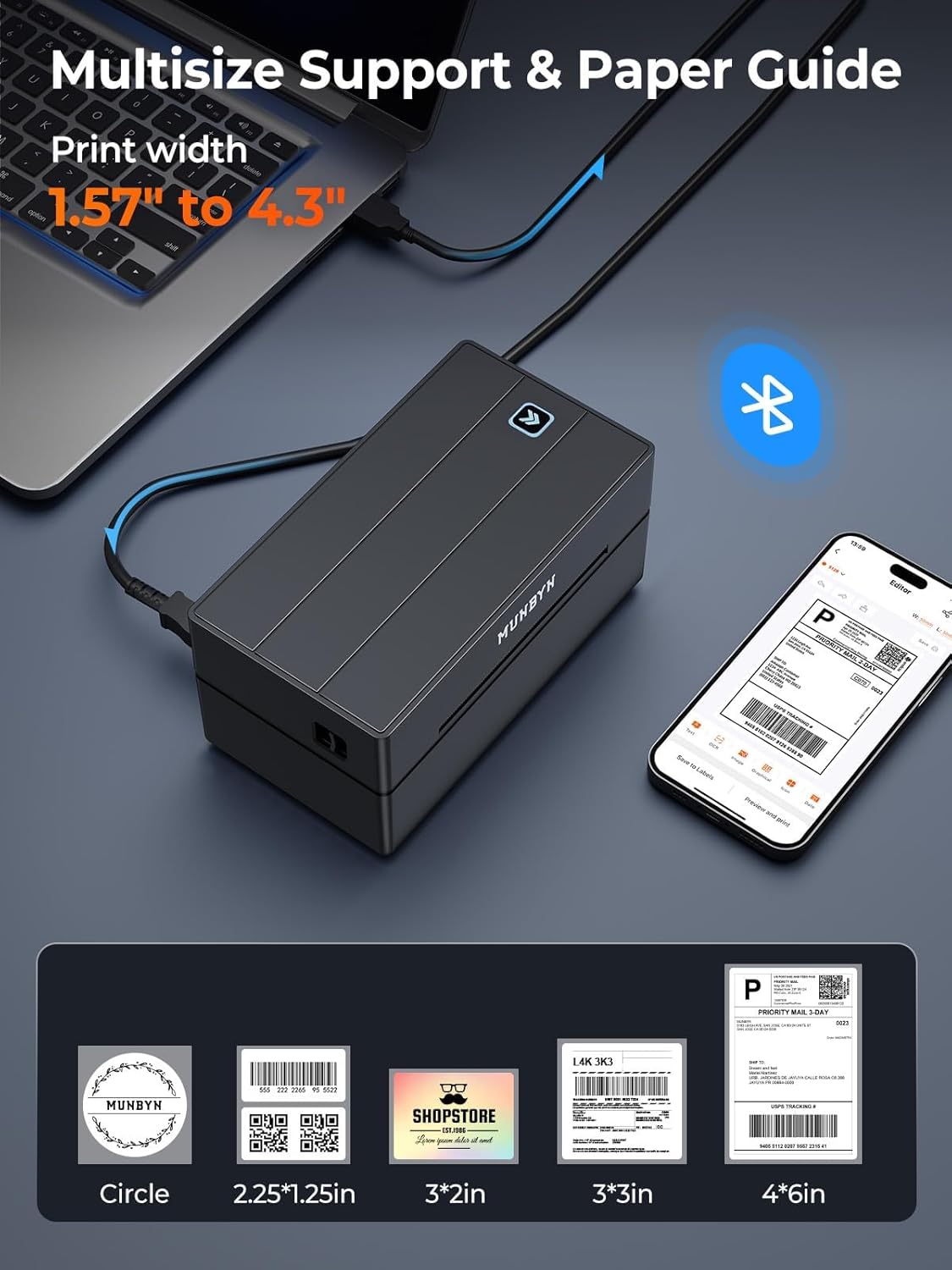 Munbyn 130B 203dpi Bluetooth & USB Direct Thermal Label Printer in Black DEMO