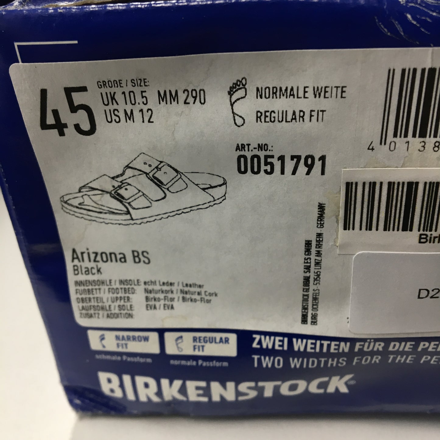 Birkenstock Classic Arizona Black Regular Fit 2 Strap Slides Men US 12 EU 45 NEW