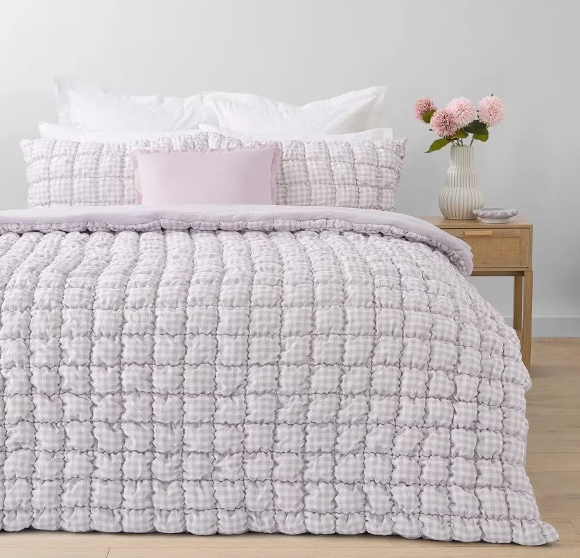 Easy Care Lilac Purple White Check Quilted Puff Comforter Set QUEEN Bed NEW