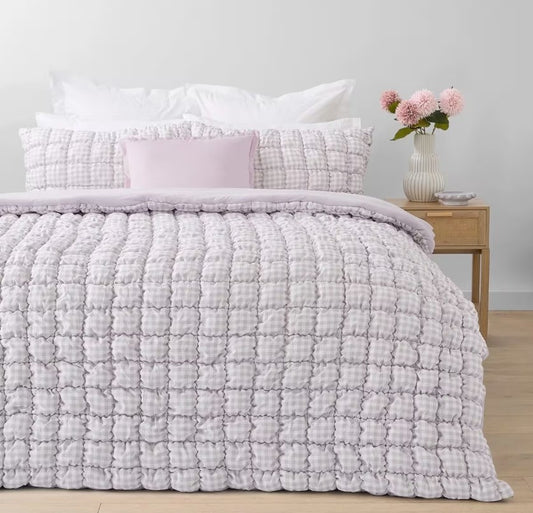 Easy Care Lilac Purple White Check Quilted Puff Comforter Set QUEEN Bed NEW
