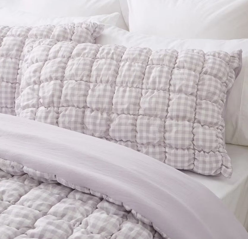 Easy Care Lilac Purple White Check Quilted Puff Comforter Set QUEEN Bed NEW
