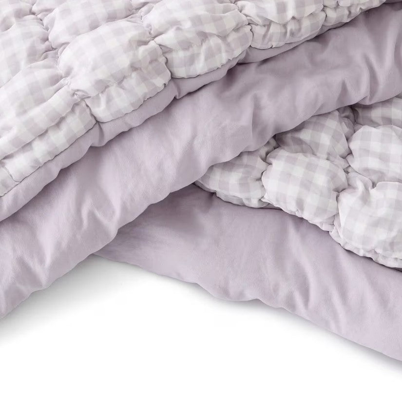 Easy Care Lilac Purple White Check Quilted Puff Comforter Set QUEEN Bed NEW