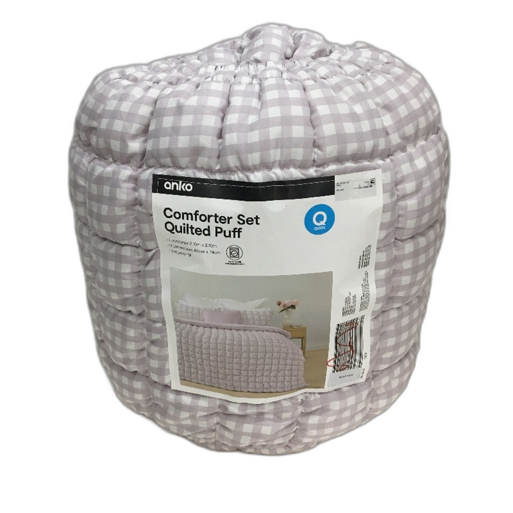 Easy Care Lilac Purple White Check Quilted Puff Comforter Set QUEEN Bed NEW