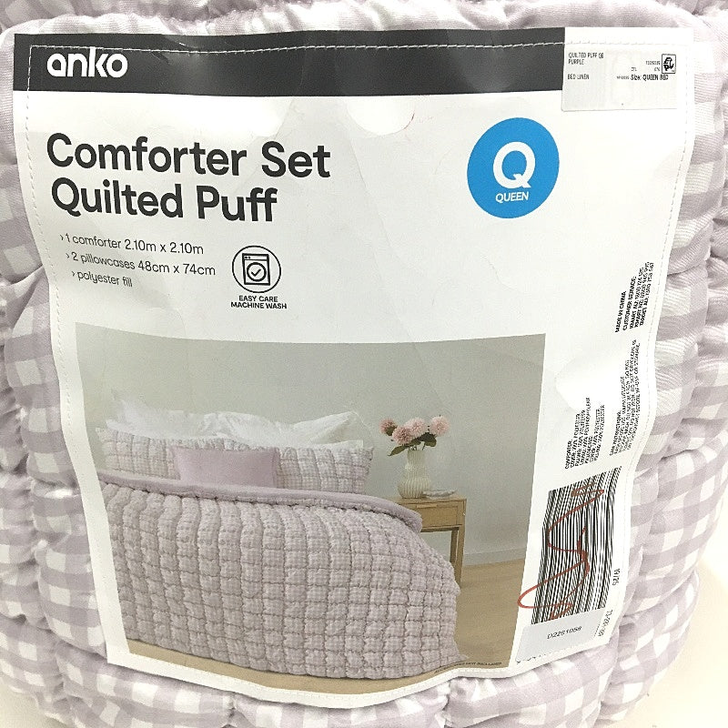 Easy Care Lilac Purple White Check Quilted Puff Comforter Set QUEEN Bed NEW