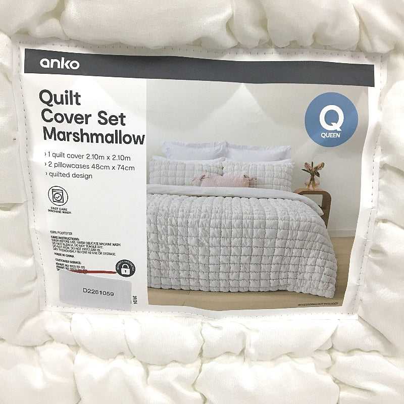 Easy Care White Marshmallow Quilted Puff Quilt Cover Set QUEEN Bed NEW