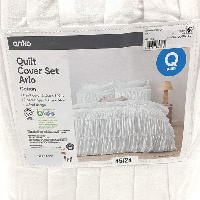 Easy Care Ruched Design White Arlo 100% Cotton Quilt Cover Set QUEEN Bed NEW