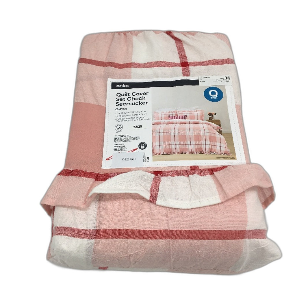 Easy Care Pink Ruffle Check Seersucker 100% Cotton Quilt Cover Set QUEEN Bed NEW