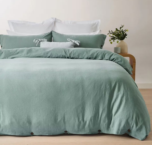 Kayden Linen Cotton Sage Green Coconut Button Quilt Cover Set QUEEN NEW