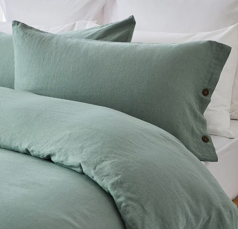 Kayden Linen Cotton Sage Green Coconut Button Quilt Cover Set QUEEN NEW