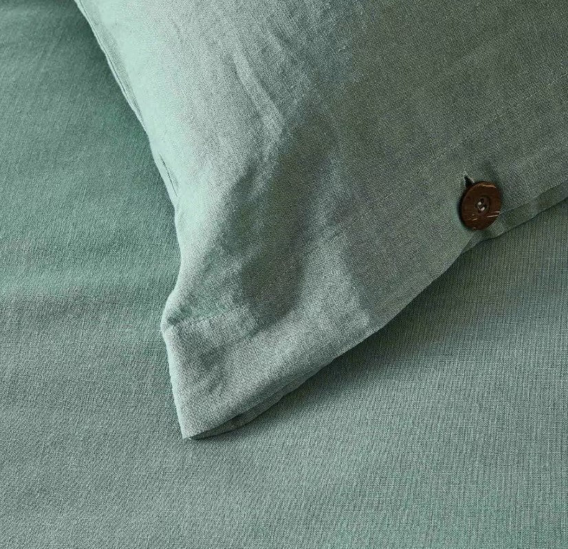 Kayden Linen Cotton Sage Green Coconut Button Quilt Cover Set QUEEN NEW