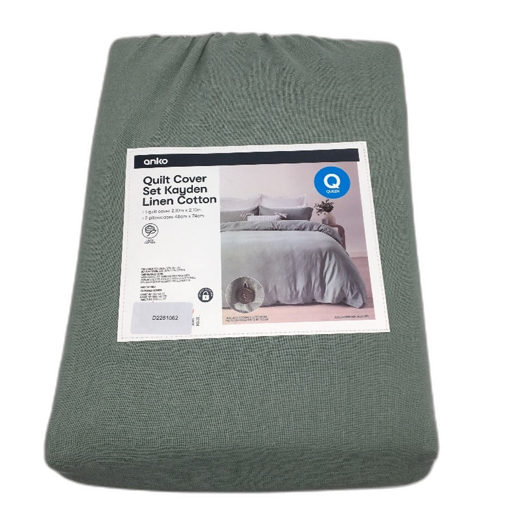 Kayden Linen Cotton Sage Green Coconut Button Quilt Cover Set QUEEN NEW