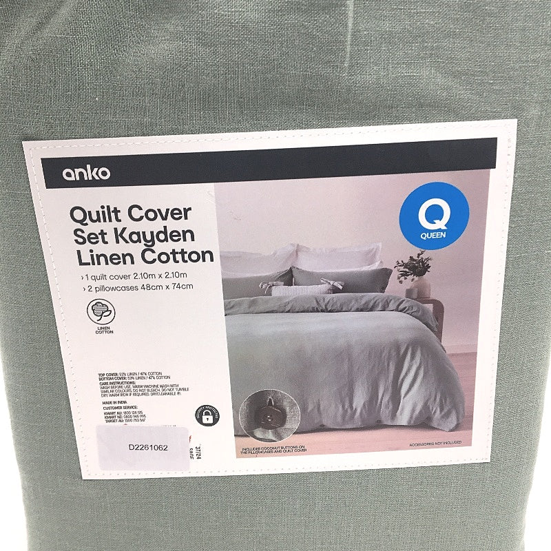 Kayden Linen Cotton Sage Green Coconut Button Quilt Cover Set QUEEN NEW