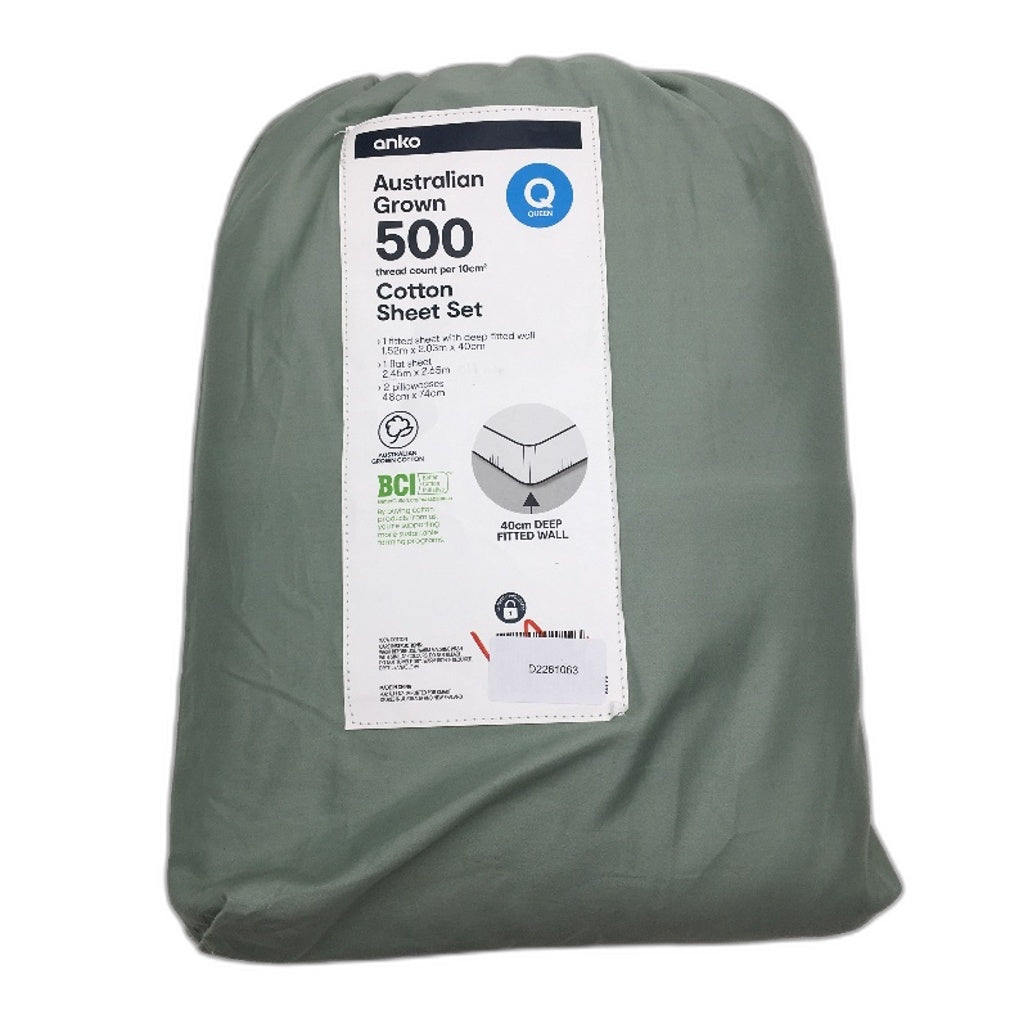 Sage Green 500 Thread Count Australian Grown Cotton Sheet Set QUEEN NEW