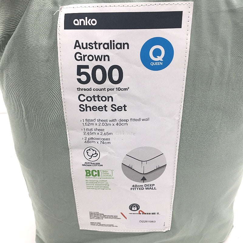 Sage Green 500 Thread Count Australian Grown Cotton Sheet Set QUEEN NEW