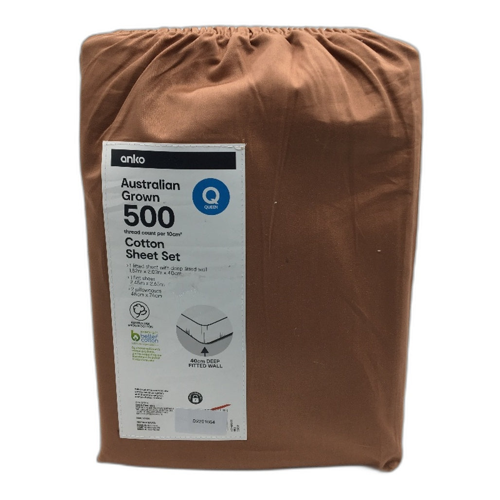 Rust Tan 500 Thread Count BCI Australian Grown Cotton Sheet Set QUEEN NEW
