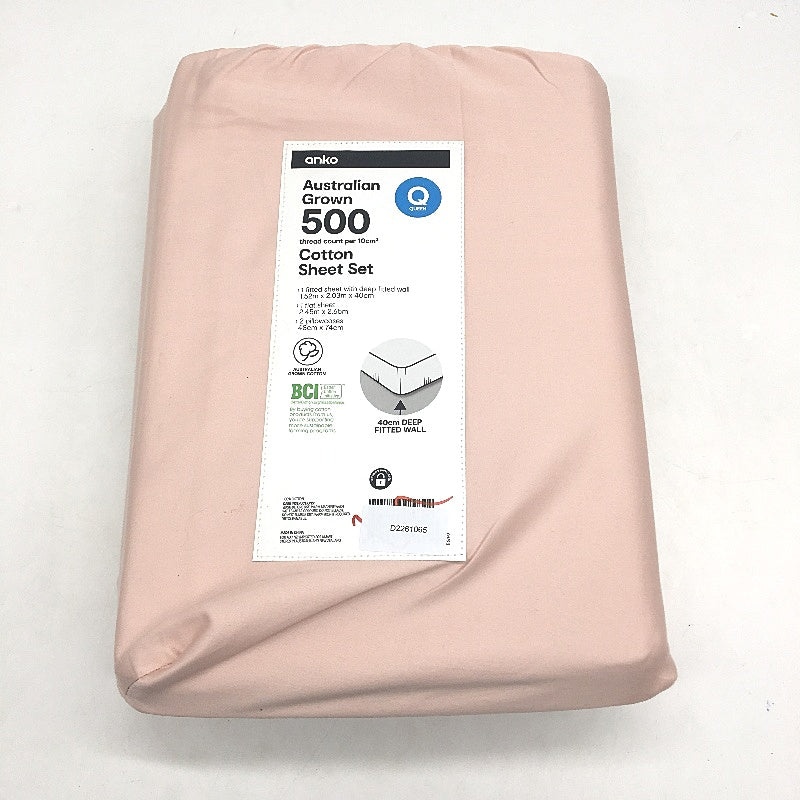 Light Pink 500 Thread Count BCI Australian Grown Cotton Sheet Set QUEEN NEW