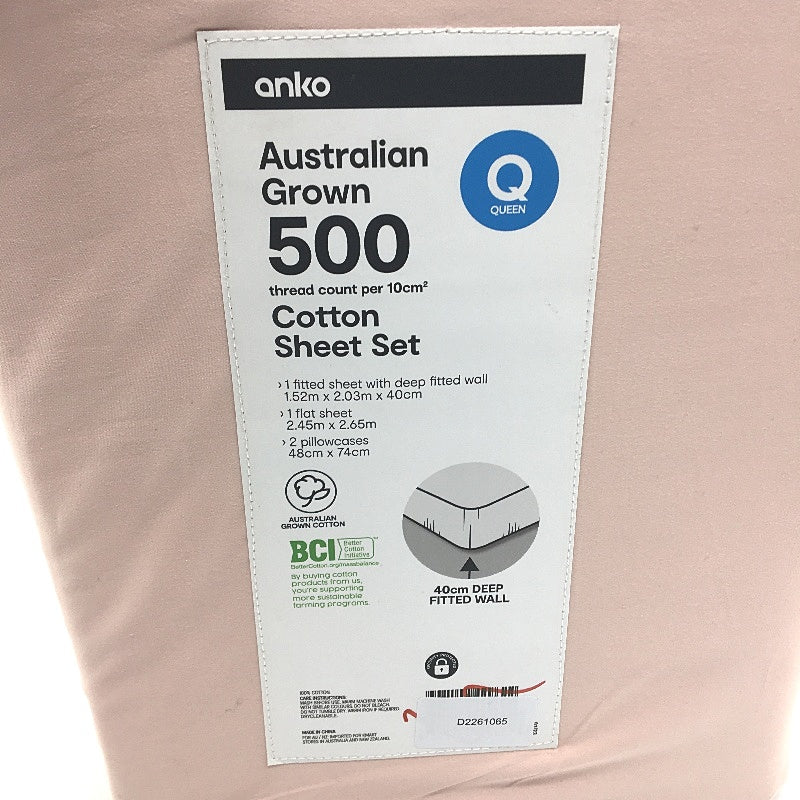 Light Pink 500 Thread Count BCI Australian Grown Cotton Sheet Set QUEEN NEW