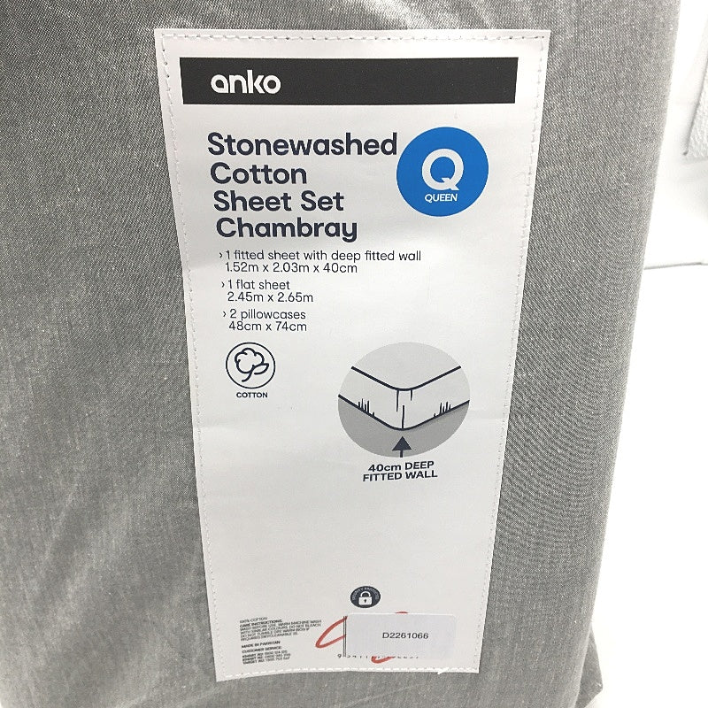 Home Decor Stonewashed 100% Cotton Flex Grey Chambray Sheet Set QUEEN NEW