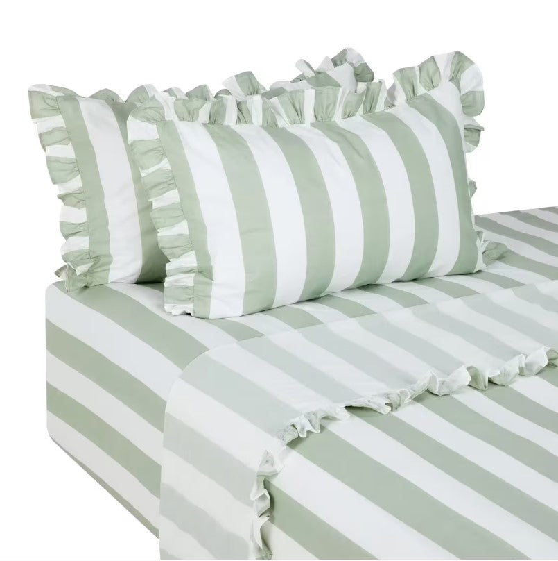 Green Striped 250 Thread Count Ruffle Cotton Sheet Set -1 Pillowcase QUEEN NEW