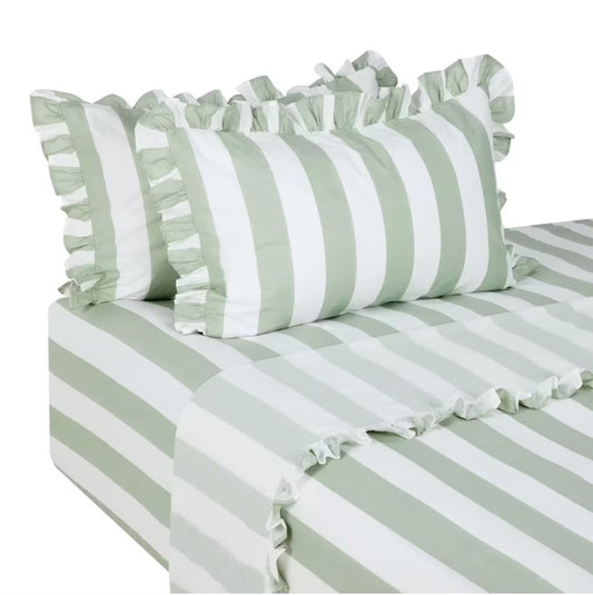 Green Striped 250 Thread Count Ruffle Cotton Sheet Set -1 Pillowcase QUEEN NEW
