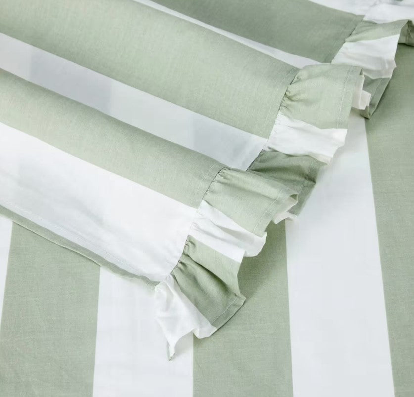 Green Striped 250 Thread Count Ruffle Cotton Sheet Set -1 Pillowcase QUEEN NEW