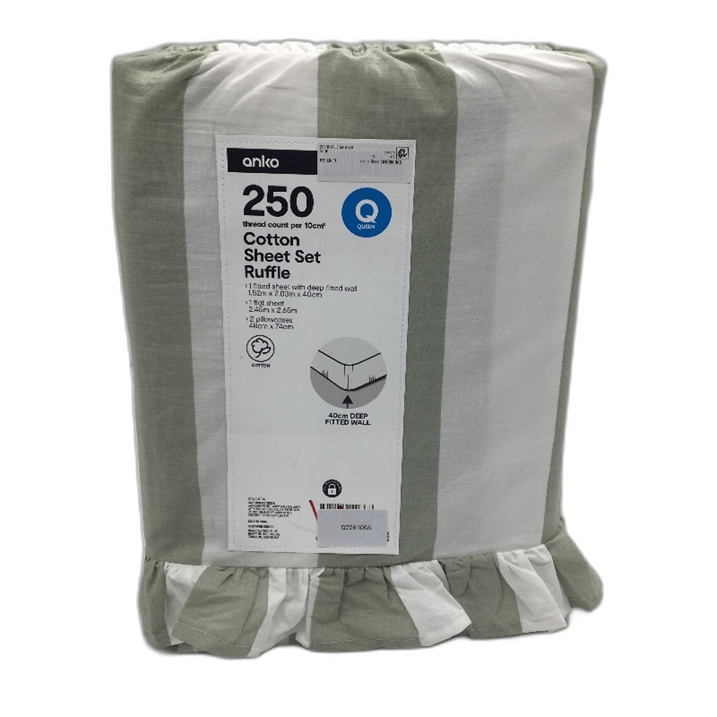 Green Striped 250 Thread Count Ruffle Cotton Sheet Set -1 Pillowcase QUEEN NEW