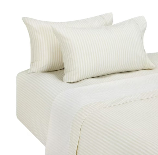 Natural Beige Thin Stripes 250 Thread Count 100% Cotton Sheet Set QUEEN NEW