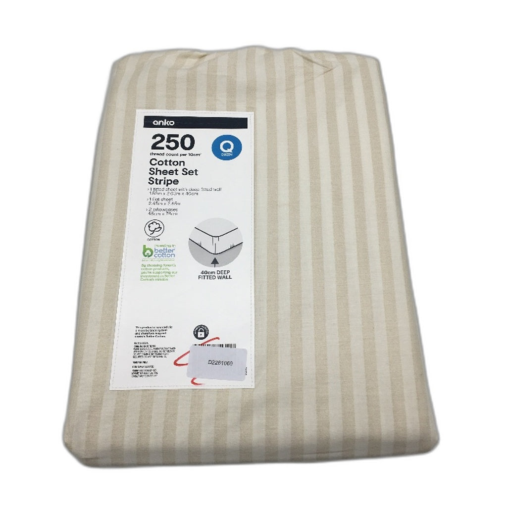 Natural Beige Thin Stripes 250 Thread Count 100% Cotton Sheet Set QUEEN NEW